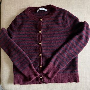 Striped Burgundy and Black Women's Sweater from Zara - Size S
